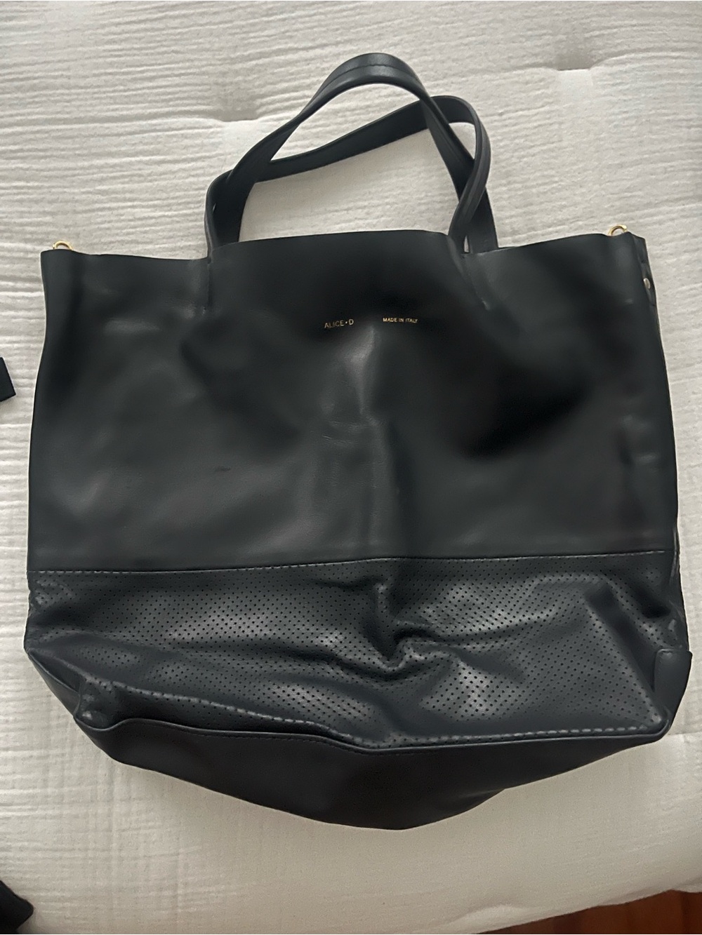 Alice D Milano Italian Leather Black Perforated Medium Tote NWT